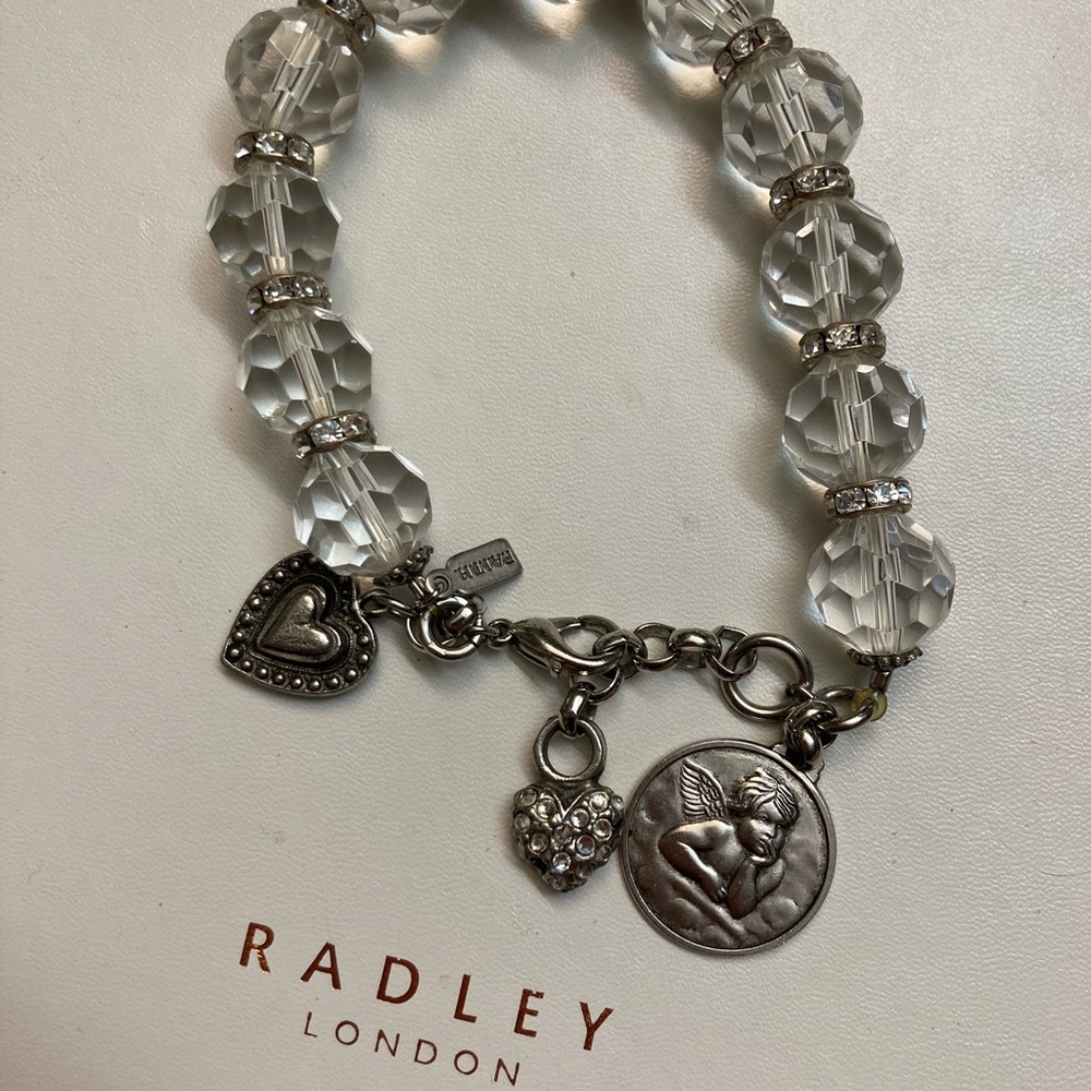Sterling Silver Crystal Heart Charm w/ angel motif Bracelet